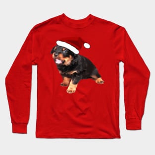 Cute Rottweiler Puppy Wearing Cartoon Santa Hat Long Sleeve T-Shirt